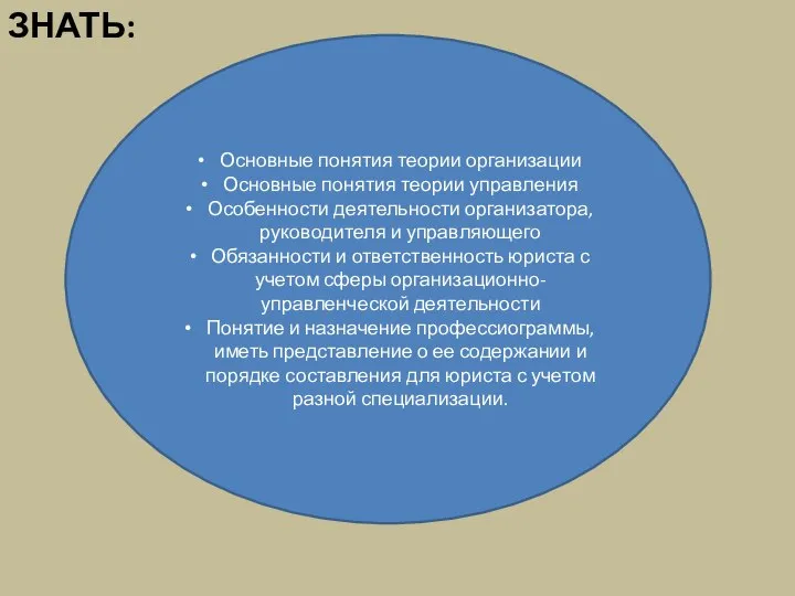 ЗНАТЬ: Основные понятия теории организации Основные понятия теории управления Особенности деятельности