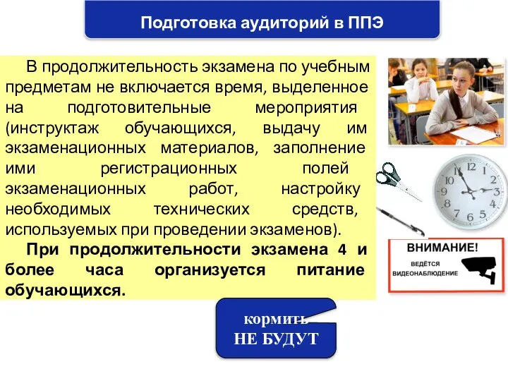 Подготовка аудиторий в ППЭ В продолжительность экзамена по учебным предметам не