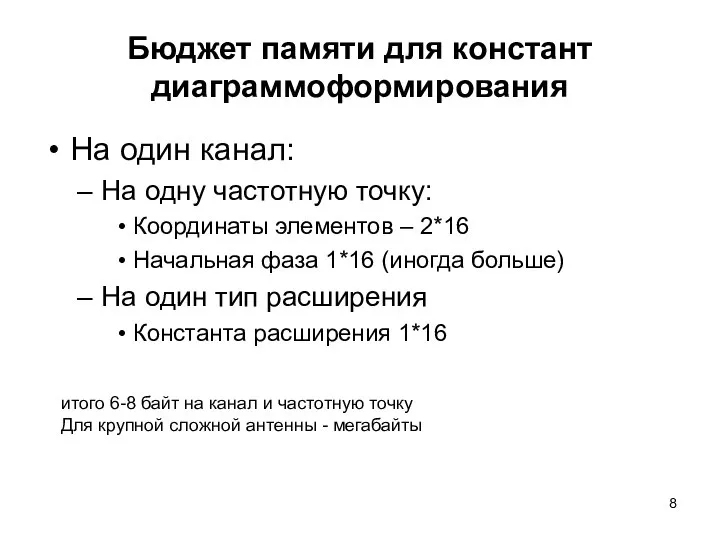 Бюджет памяти для констант диаграммоформирования На один канал: На одну частотную