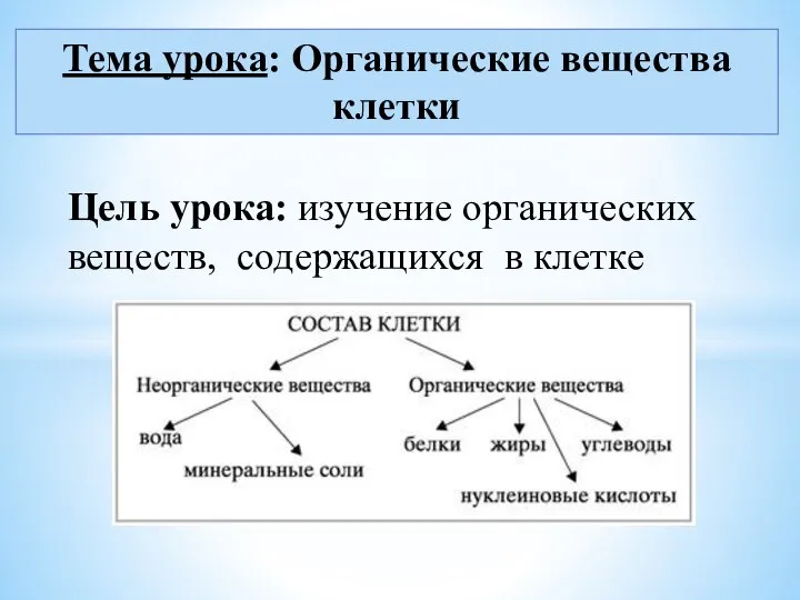 Цель урока: изучение органических веществ, содержащихся в клетке Тема урока: Органические вещества клетки