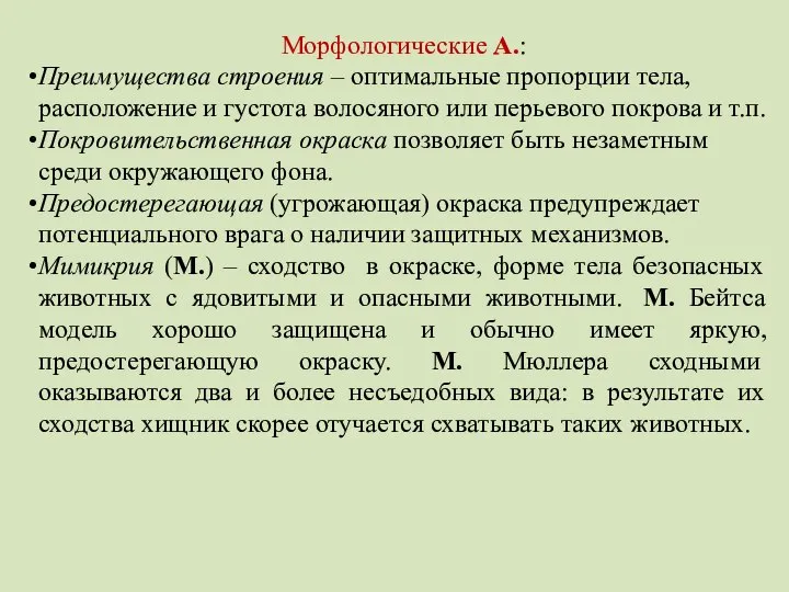 Морфологические А.: Преимущества строения – оптимальные пропорции тела, расположение и густота