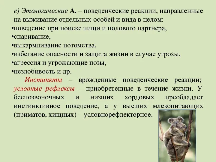 е) Этологические А. – поведенческие реакции, направленные на выживание отдельных особей