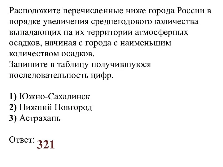 Расположите перечисленные ниже города России в порядке увеличения среднегодового количества выпадающих