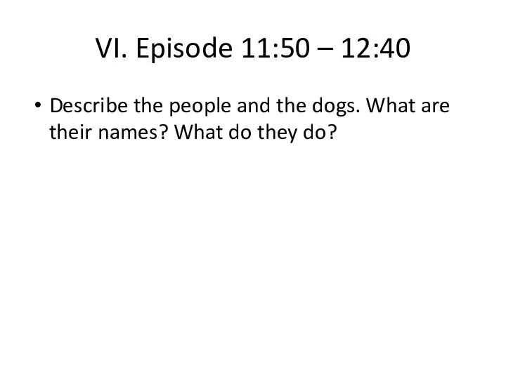 VI. Episode 11:50 – 12:40 Describe the people and the dogs.