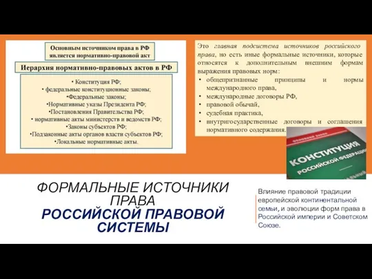 ФОРМАЛЬНЫЕ ИСТОЧНИКИ ПРАВА РОССИЙСКОЙ ПРАВОВОЙ СИСТЕМЫ Влияние правовой традиции европейской континентальной