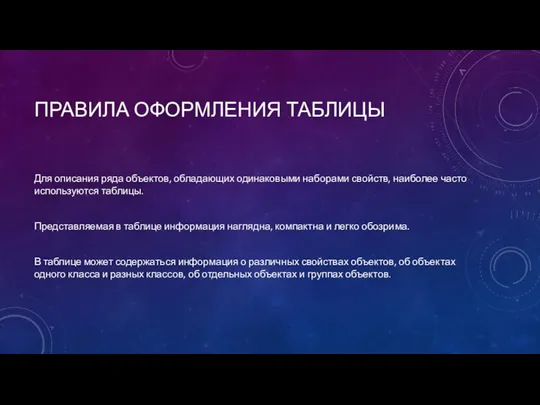 ПРАВИЛА ОФОРМЛЕНИЯ ТАБЛИЦЫ Для описания ряда объектов, обладающих одинаковыми наборами свойств,