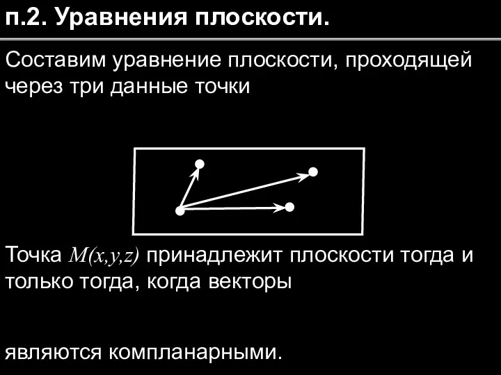 п.2. Уравнения плоскости. Составим уравнение плоскости, проходящей через три данные точки