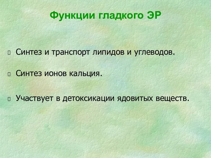 Функции гладкого ЭР Синтез и транспорт липидов и углеводов. Синтез ионов