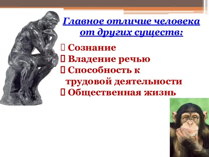 Главное отличие человека от других существ: Сознание Владение речью Способность к трудовой деятельности Общественная жизнь