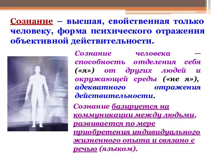 Сознание – высшая, свойственная только человеку, форма психического отражения объективной действительности.