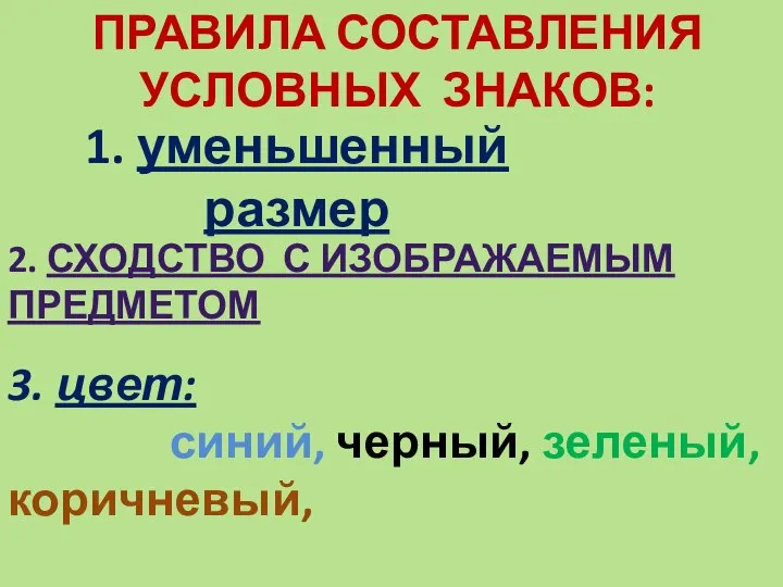 ПРАВИЛА СОСТАВЛЕНИЯ УСЛОВНЫХ ЗНАКОВ: 3. цвет: синий, черный, зеленый, коричневый, 2.