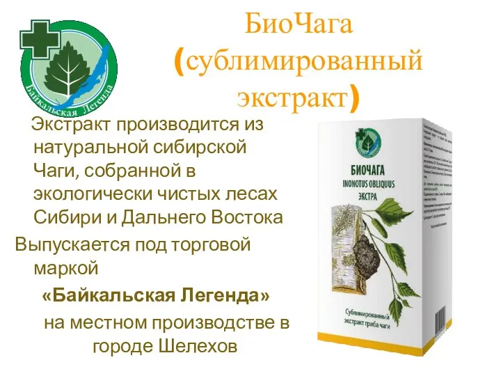 БиоЧага (сублимированный экстракт) Экстракт производится из натуральной сибирской Чаги, собранной в