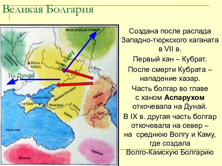 Великая Болгария Создана после распада Западно-тюркского каганата в VII в. Первый