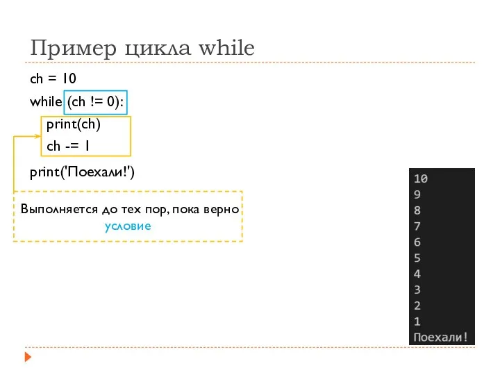 Пример цикла while ch = 10 while (ch != 0): print(ch)