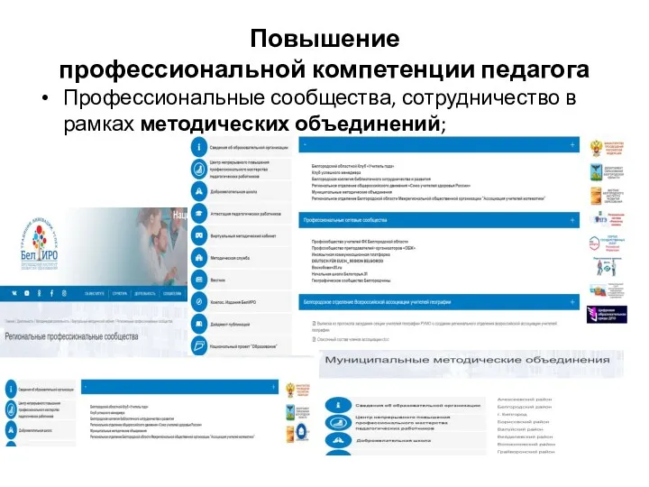 Повышение профессиональной компетенции педагога Профессиональные сообщества, сотрудничество в рамках методических объединений;