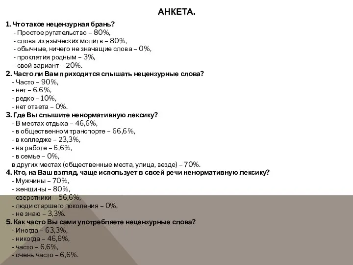 АНКЕТА. 1. Что такое нецензурная брань? - Простое ругательство – 80%,