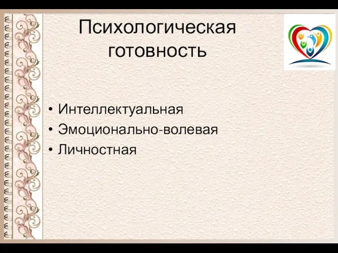 Психологическая готовность Интеллектуальная Эмоционально-волевая Личностная