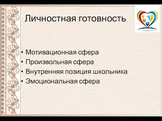 Личностная готовность Мотивационная сфера Произвольная сфера Внутренняя позиция школьника Эмоциональная сфера