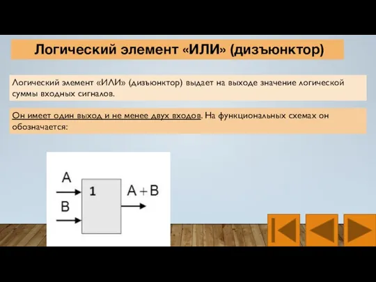 Логический элемент «ИЛИ» (дизъюнктор) Логический элемент «ИЛИ» (дизъюнктор) выдает на выходе