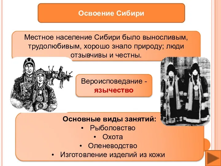 Освоение Сибири Местное население Сибири было выносливым, трудолюбивым, хорошо знало природу;