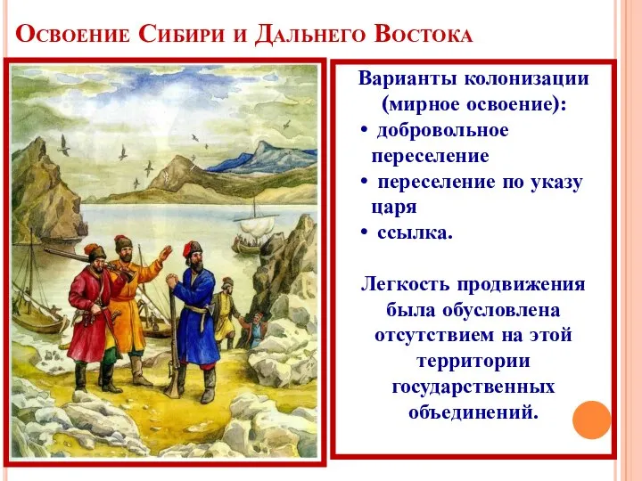 Освоение Сибири и Дальнего Востока Варианты колонизации (мирное освоение): добровольное переселение