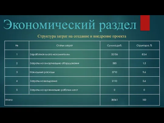 Экономический раздел Структура затрат на создание и внедрение проекта