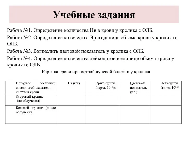 Учебные задания Работа №1. Определение количества Нв в крови у кролика