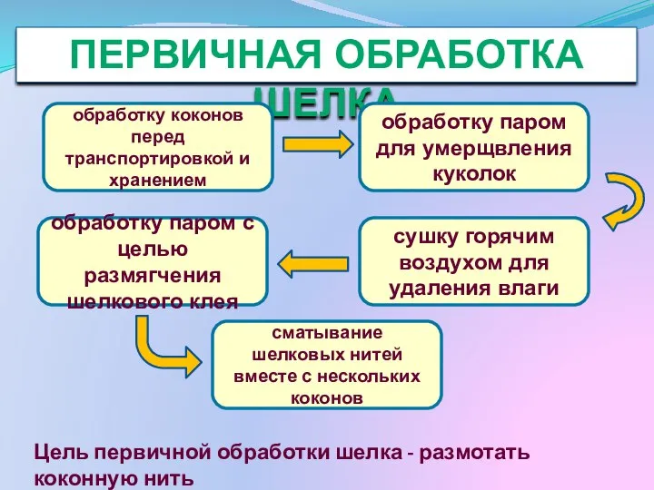 ПЕРВИЧНАЯ ОБРАБОТКА ШЕЛКА обработку коконов перед транспортировкой и хранением обработку паром