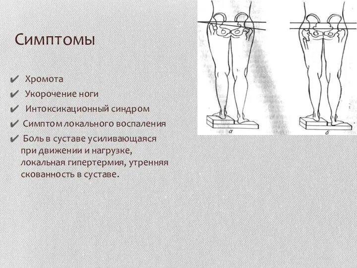 Симптомы Хромота Укорочение ноги Интоксикационный синдром Симптом локального воспаления Боль в