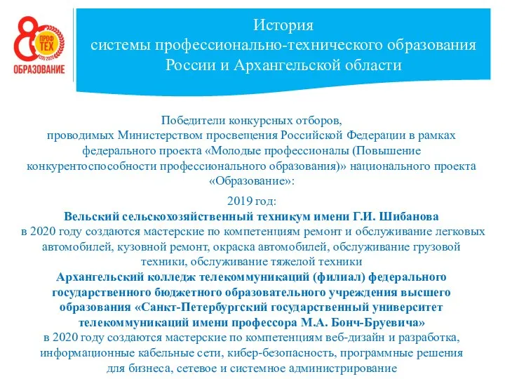 История системы профессионально-технического образования России и Архангельской области Победители конкурсных отборов,