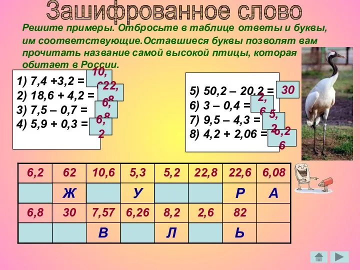 Решите примеры. Отбросьте в таблице ответы и буквы, им соответствующие.Оставшиеся буквы