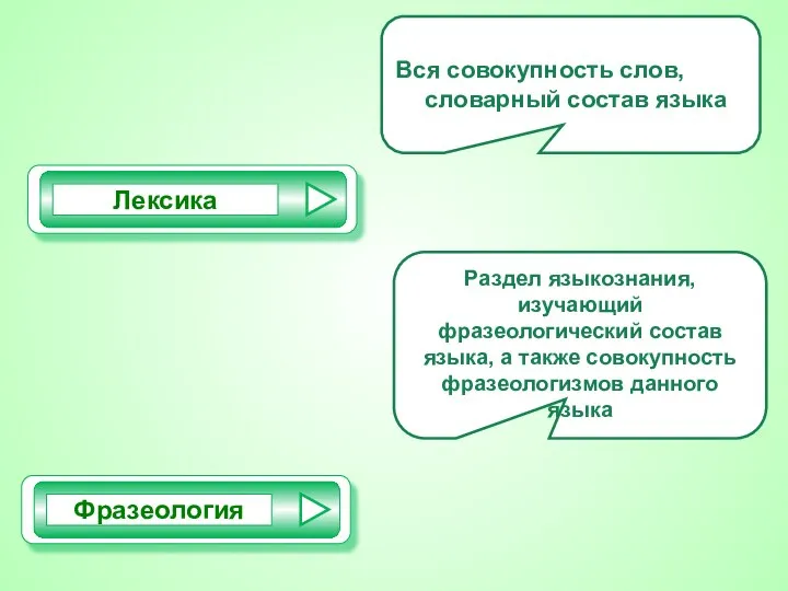 Вся совокупность слов, словарный состав языка Раздел языкознания, изучающий фразеологический состав