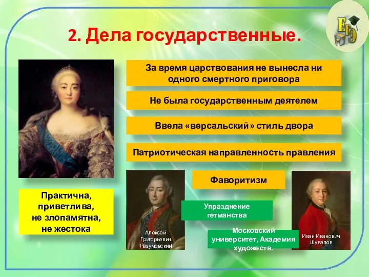 2. Дела государственные. За время царствования не вынесла ни одного смертного