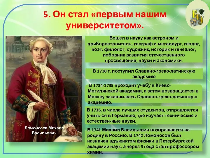 5. Он стал «первым нашим университетом». Ломоносов Михаил Васильевич Вошел в