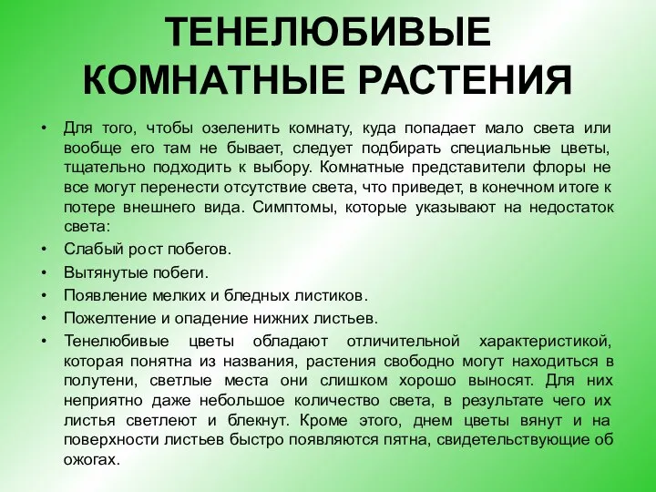 ТЕНЕЛЮБИВЫЕ КОМНАТНЫЕ РАСТЕНИЯ Для того, чтобы озеленить комнату, куда попадает мало