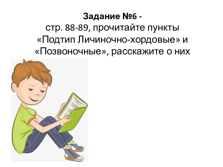 Задание №6 - стр. 88-89, прочитайте пункты «Подтип Личиночно-хордовые» и «Позвоночные», расскажите о них