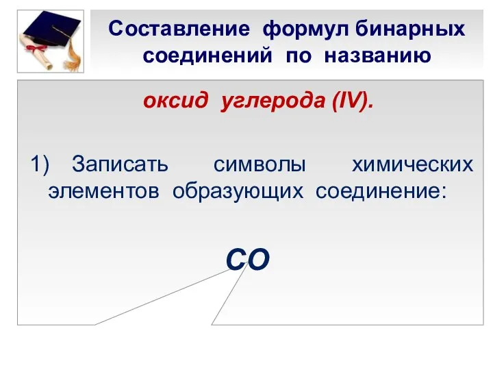 Составление формул бинарных соединений по названию оксид углерода (IV). 1) Записать