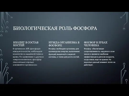 БИОЛОГИЧЕСКАЯ РОЛЬ ФОСФОРА ВХОДИТ В СОСТАВ КОСТЕЙ В организме, 85% фосфора