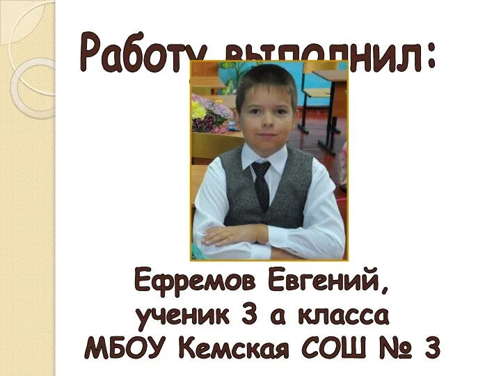 Работу выполнил: Ефремов Евгений, ученик 3 а класса МБОУ Кемская СОШ № 3