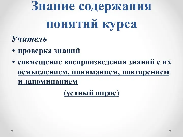 Знание содержания понятий курса Учитель проверка знаний совмещение воспроизведения знаний с