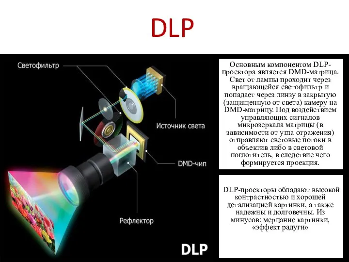 DLP Основным компонентом DLP-проектора является DMD-матрица. Свет от лампы проходит через