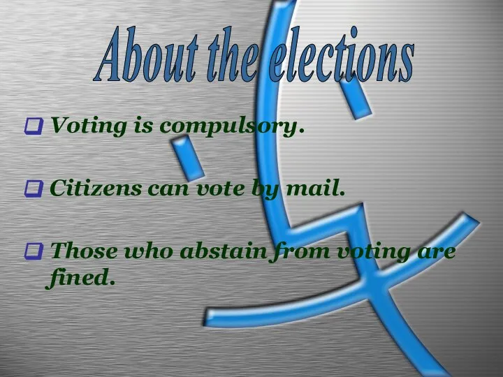 Voting is compulsory. Citizens can vote by mail. Those who abstain