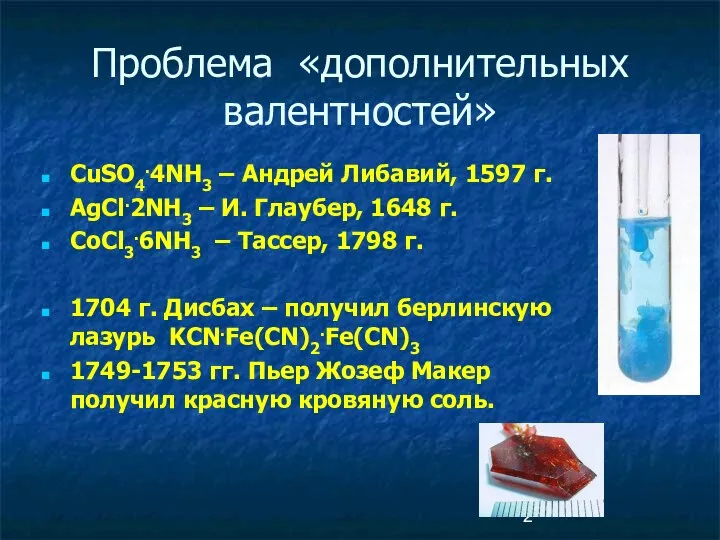 Проблема «дополнительных валентностей» CuSO4.4NH3 – Андрей Либавий, 1597 г. AgCl.2NH3 –