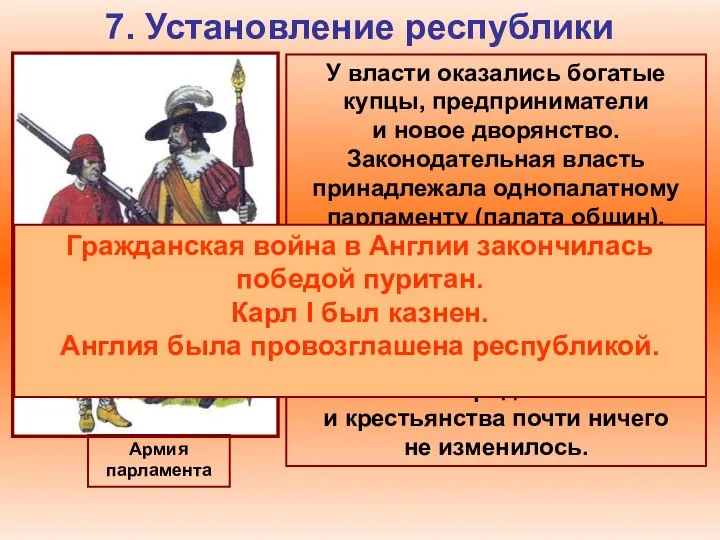 7. Установление республики Армия парламента У власти оказались богатые купцы, предприниматели