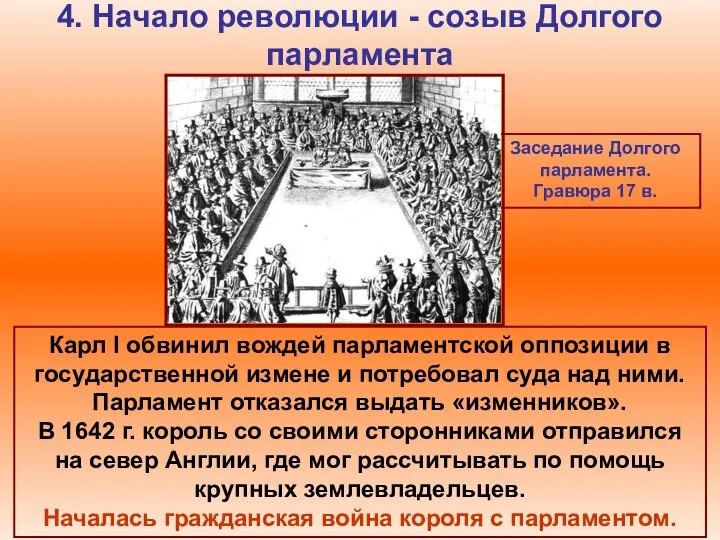 4. Начало революции - созыв Долгого парламента Заседание Долгого парламента. Гравюра