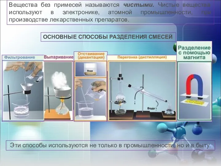 ОСНОВНЫЕ СПОСОБЫ РАЗДЕЛЕНИЯ СМЕСЕЙ Вещества без примесей называются чистыми. Чистые вещества