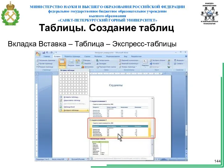 Таблицы. Создание таблиц Вкладка Вставка – Таблица – Экспресс-таблицы