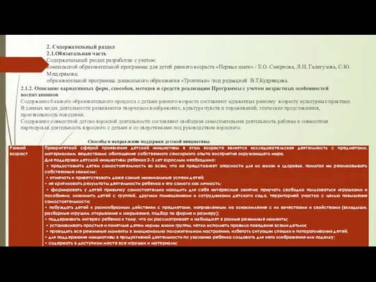 2. Содержательный раздел 2.1.Обязательная часть Содержательный раздел разработан с учетом: комплексной