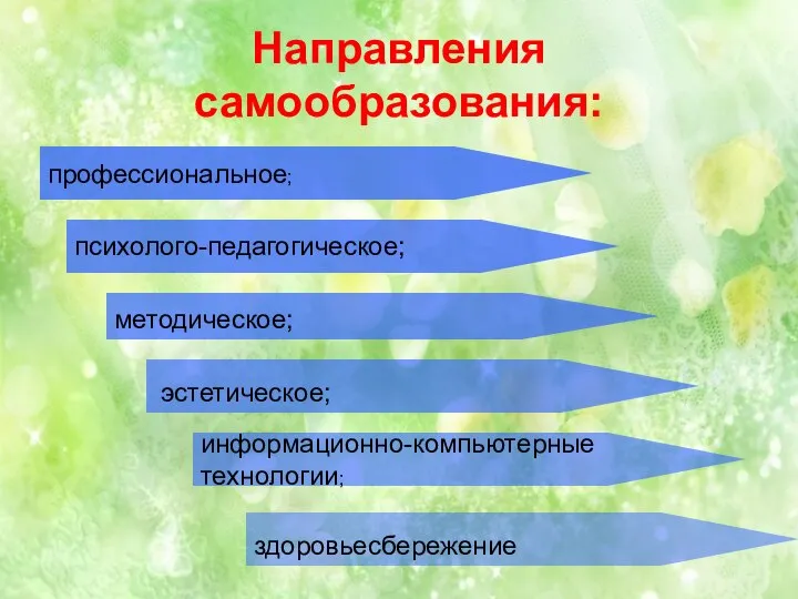 Направления самообразования: профессиональное; эстетическое; информационно-компьютерные технологии; методическое; психолого-педагогическое; здоровьесбережение