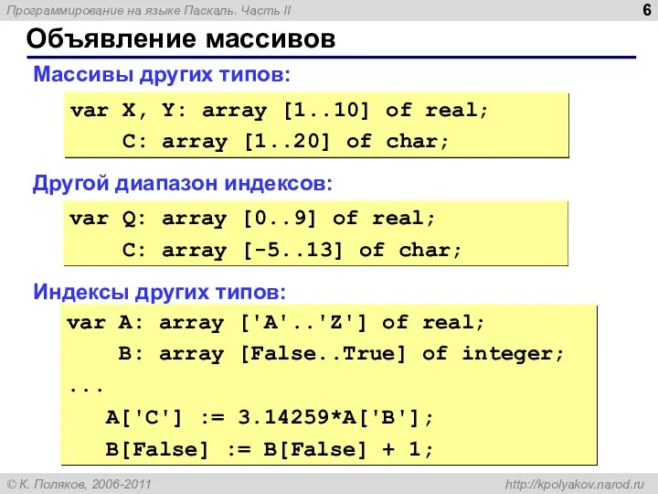 Объявление массивов Массивы других типов: Другой диапазон индексов: Индексы других типов: